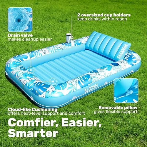 SLOOSH Inflatable Tanning Pool Lounger Float, 70" x 46" Pool Floats Adult with Pillow, 4 in 1 Suntan Tub Raft Floatie,Sunbathing Bed Lounge for Water Blow Up Kids Ball Pit Party Gifts, L-Blue thumbnail 4