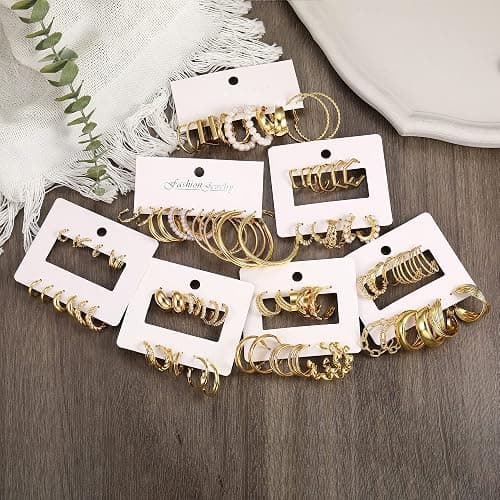 42 Pairs Gold Hoop Earrings Set for Women, Fashion Chunky Pearl Earrings Multipack Twisted Statement Earring Pack, Hypoallergenic Small Big Hoops Earrings for Birthday Party thumbnail 6