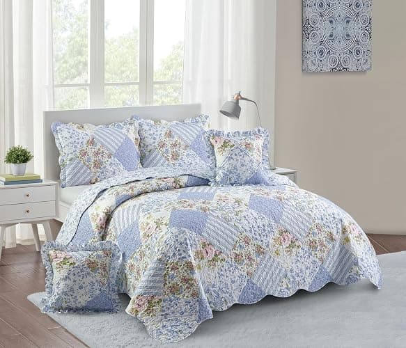Brilliant Sunshine Blue Rose Patchwork Ruffle Pillowshams, Quilted Decorative Pillow Covers Set, Square Throw Cushion Cases for Couch, Reclining Chair, Car, Bed, 18x18, Pack of 2, Blue Rose thumbnail 7