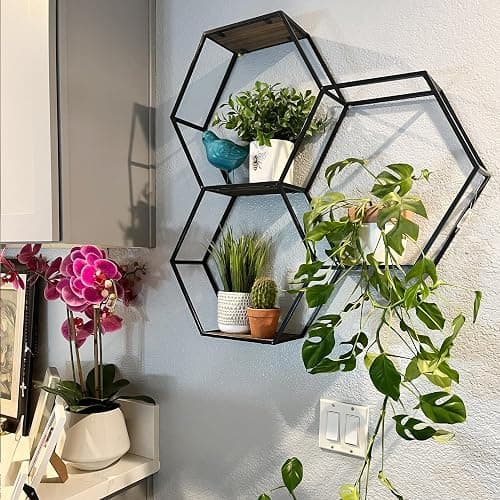 Admired by Nature 3 Tier Floating Shelves Wall Mount Shelf, Farmhouse Shelf for Wall Decor, Display Shelf, Hexagon, Honeycomb Rustic Wood Wall Mounted Organizer for Home Decor, 1 Unit thumbnail 5