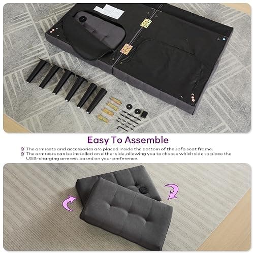 TYBOATLE 65“ Convertible Futon Sofa Bed w/ 2 USB, Upholstered Tufted Small Adjustable Folding Couch Loveseat, Modern Mid Century Sleeper Sofa for Living Room, Bedroom, Apartment, Office (Dark Grey) - Dark Grey thumbnail 8