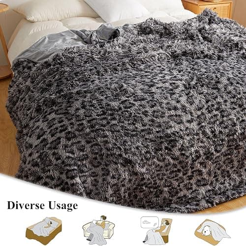 XeGe Fluffy Faux Fur Leopard Print Bed Blanket Kids Adults Couples, Plush Fuzzy Wrap Round Large Cheetah Queen Size Warm Shaggy Furry Blanket for Couch Sofa Bedroom Living Room, Grey, 90x90, Queen thumbnail 3
