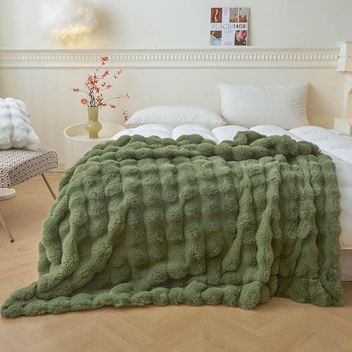LIFEREVO Fluffy Faux Rabbit Fur Bubble Throw, Plush Shaggy Blanket for Couch Sofa Chair, Soft Cute Moss Furry Blanket Adults Kids Teens Girls, Fuzzy Throw for Bedroom Living Room, 50x60, Sage Green - Image 1