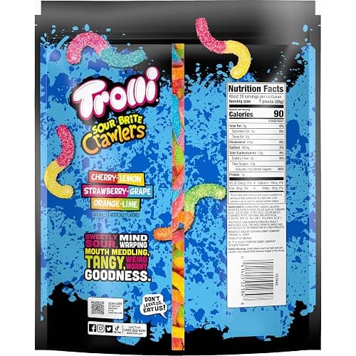Trolli Sour Brite Crawlers, Candy, Cherry-Lemon, Strawberry-Grape & Orange-Lime, Sweet and Sour, Gummy Worms, Halloween Treat, 28.8 oz thumbnail 2
