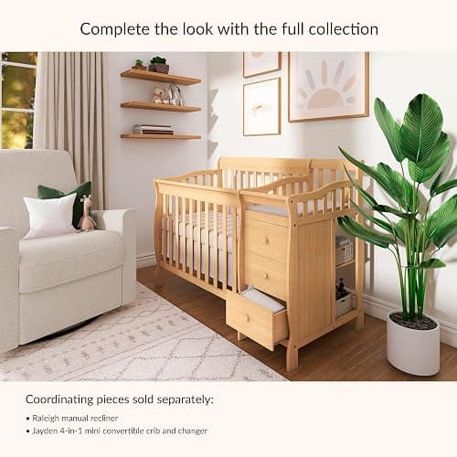 Dream On Me Jayden 4-in-1 Convertible Mini Baby Crib with 3 Drawer Changer | Converts to Daybed & Twin Size Bed, Wooden Crib with Mattress, 3 Adjustable Heights, GREENGUARD Gold & BSA Verified, Natural thumbnail 8