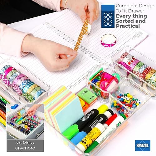 SMAZIUL 14 Pcs Clear Drawer Organiser with 4 sizes Desk Organizer ideal for organizing, cosmetics, makeup, jewelry, office supplies, bathroom accessories & much more thumbnail 6