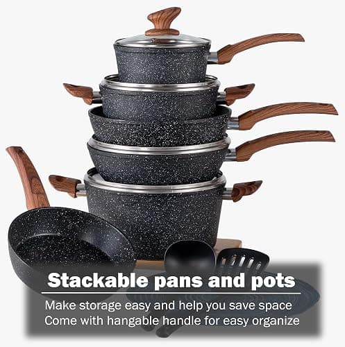 Kitchen Academy Induction Cookware Sets - 12 Piece Cooking Pan Set, Granite Black Nonstick Pots and Pans Set thumbnail 6
