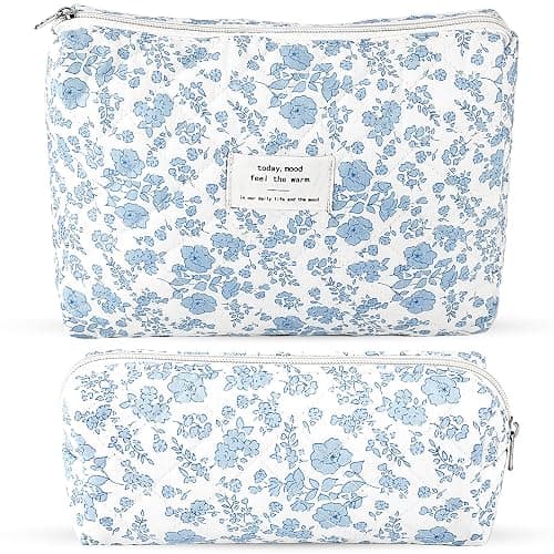 2Pcs Quilted Cotton Makeup Bag Large Travel Makeup Pouch Small Brush Holder Set for Women Floral Coquette Makeup Bag Cute Aesthetic Cosmetic Bag Blue Toiletry Organizer Storage Bag Big Zipper Pouch - Image 1