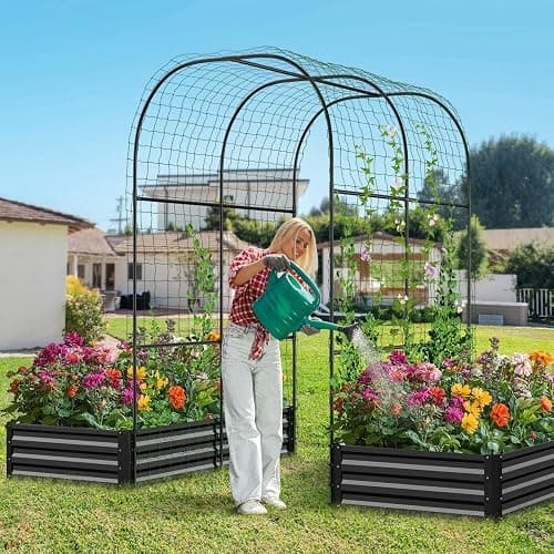 DoCred Galvanized Raised Garden Bed with 87" H Arch Trellis for Climbing Plants, Raised Outdoor Planter Garden Box with Climbing Netting for Gardening, Climbing Vegetables, Flower, Black thumbnail 7