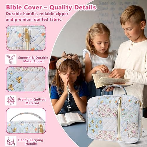 CasaRovela Bible Cover for Women, Large Quilted Case with Handle, Durable Bag and Carrying Case for Girls, Study Supplies Accessories, Christian Gift for Women (Spliced Flower, Spliced Flower) thumbnail 5