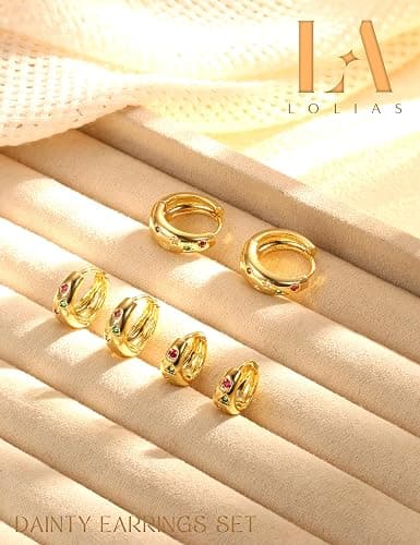 14K Gold Plated Hoop Earrings Set for Women - 3Pairs Chunky 14K Gold Plated Silver Huggie Earrings Small Earrings Lightweight Hypoallergenic MultiColored CZ Hoop Earrings Stacks for Multiple Piercing thumbnail 8