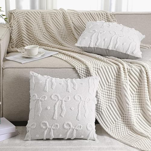 Mixweer Cream White Bow Throw Pillow Covers 18x18 Set of 2 Coquette Decorative Pillow Covers Soft Plush Faux Wool Aesthetic Pillowcases Preppy Room Decor for Bed Sofa Couch Living Room thumbnail 4