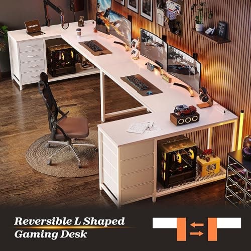 PRAISUN 61" L Shaped Desk with Power Outlets and USB-C Port, Reversible Computer Corner Office Desk with 4 Fabric Drawers and 2 Height-Adjustable Shelves, Large for Gaming Writing Work Study, White thumbnail 7