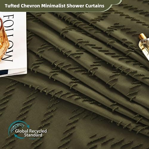 Siiluminisoy Long Shower Curtain Olive Green Boho Shower Curtain with Tassel for Bathroom, 72 x 78 Woven Fabric Modern Textured Tufted Chevron Striped, Machine Washable thumbnail 3