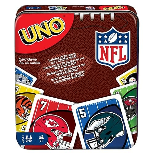 Mattel Games UNO NFL Card Game in Storage Tin Box for Kids, Adults, Parties & Travel with NFL Team Logos & Special Rule (Amazon Exclusive) - Image 1