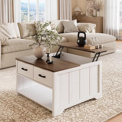 Vividwood Farmhouse Lift Top Coffee Table with Storage, Rustic Square Wood Coffee Table with Large Hidden Compartment & 2 Drawers & Open Shelf, Multifunctional Lift-Top Center Table for Living Room - Image 1