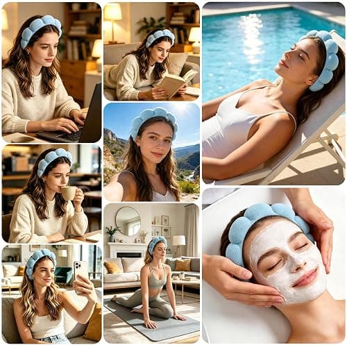 Real Perfection Spa Headband for Washing Face, Skincare Headband Wristband Set for Facial Mask Skin Care, Makeup Remover Towel Cloth Small Spray Bottle with Travel Makeup Bag Gifts for Women - Blue thumbnail 4