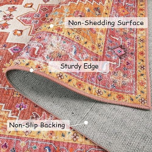 Moynesa Ultra-Thin Washable Area Rug - 4x6 Pink Rugs for Bedroom Girls Vintage Rug for Living Room, Non Slip Non Shedding Low Pile Indoor Throw Carpet for Nursery Office Entryway Kitchen Foyer thumbnail 3