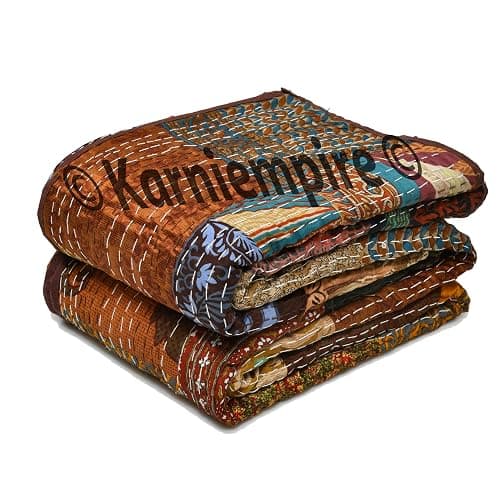 Indian Patchwork Kantha Quilt Throw Handmade Silk Sari Patola Ethnic Reversible Bohemian Bedding Bedspread Vintage Stitched Boho Gudri Blanket Bed Sofa Cover Decorative (Queen [90"X108"], Brown) - Image 1