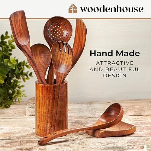 Wooden Utensil Set 8 Pcs – Sturdy & Easy to Clean, Natural Teak Wooden Spoons for Cooking – Non-Scratch Cooking Utensils with Spatula, Turner, Ladle, Spoons, Holder, Spoon Rest, 6 Hooks Kitchen Gifts thumbnail 6