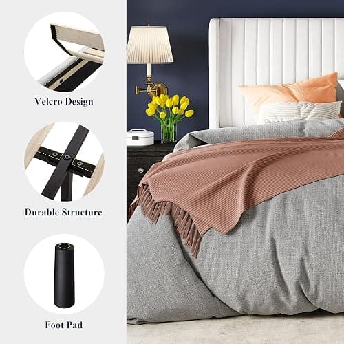 Allewie Queen Size Velvet Bed Frame/Vertical Channel Tufted Wingback Headboard/Upholstered Platform Bed/Strong Wooden Slats/No Box Spring Needed/Easy Assembly/White thumbnail 7