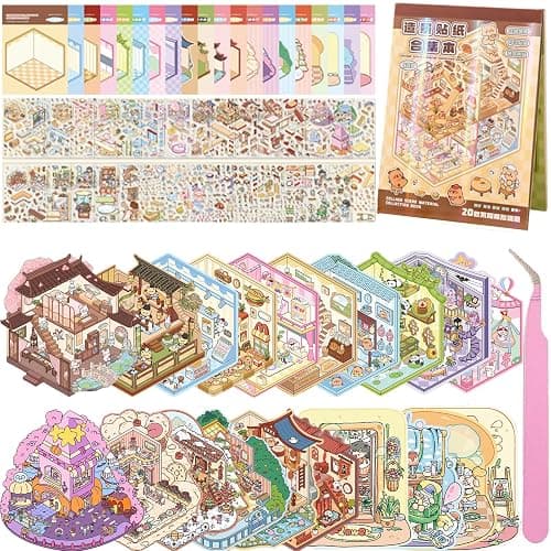 Wnqou 20 Sets DIY 3D House Stickers Collection Book, 3D Scene Miniature, Miniature Simulated Cabin Scene Game, Cute Cartoon Stickers for Adults and Kids, Fun Room Sticker Material Book for Girls - Image 1