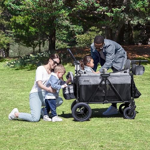 Jeep Wrangler Deluxe 4 Seater Stroller Wagon by Delta Children - Premium Quad Stroller Wagon for 4 Kids with Convertible Seats, Adjustable Push/Pull Handles, Removable Canopy & Flat Fold, Grey thumbnail 12