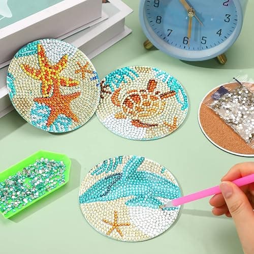 UPINS Ocean Diamond Art Painting Coaster Kit, 8Pcs DIY Crafts Kit with Holder, Non Slip Coaster Art Supplies for Adults, Ideal Christmas Gift thumbnail 7