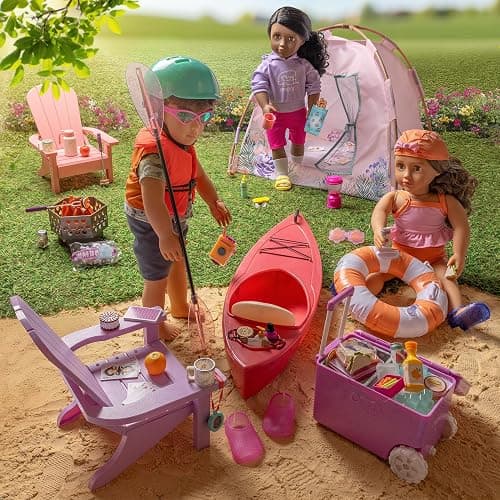 Our Generation Doll Tent Playset, Camping Nights, 18-Inch Camping Toy | Pink camping tent with floral print, 13 assembly pieces, marshmallows, roasting stick, cards for pretend play, 3+ Years thumbnail 3
