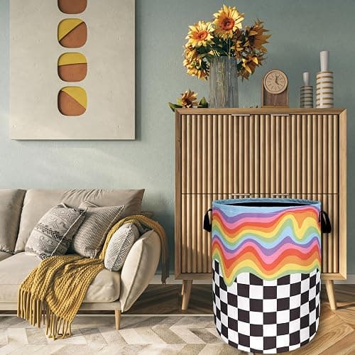 Rainbow Plaid Laundry Hamper Foldable Oxford Cloth Basket 18.9x16.5 | Colorful Laundry Basket Foldable Tote Bag Personalise Clothes Toy Storage Bucket18.9" x 16.5"For Bathroom/Laundry/Bedroom thumbnail 2