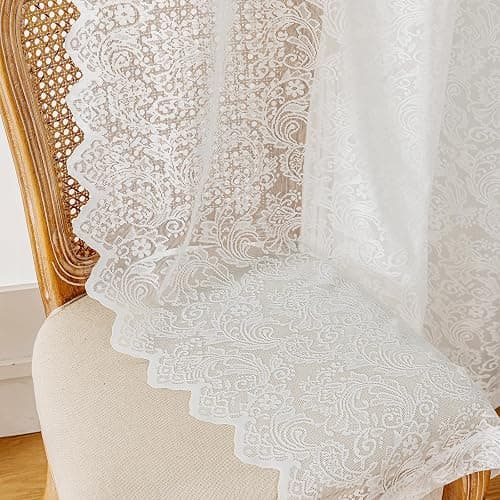 Rinwoc White Lace Semi-Sheer Curtains – Vintage Floral Lace for Bedroom/Bathroom, Light Filtering Rod Pocket Drapes, Privacy Chic Window Treatments Scalloped Hem, 52W x 72L Inch, 2-Panel Set thumbnail 7