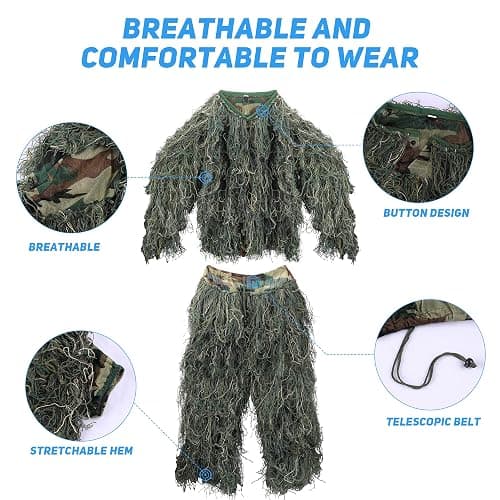 ZORVEM Ghillie Suit, 3D Camouflage Hunting Apparel for Kids/Youth/Teen(S/M/L/XL/XXL) thumbnail 3