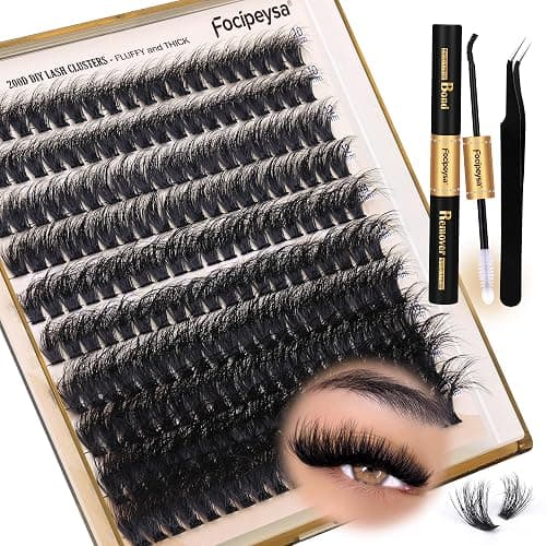 Focipeysa Lash Extension Kit Thick Eyelash Extension Kit 10-18mm Fluff Volume Lash Clusters 200D Individual Eyelashes Kit with Lashes Bond, Lashes Remover, Lash Tweezers, DIY Lash Extension - Image 1