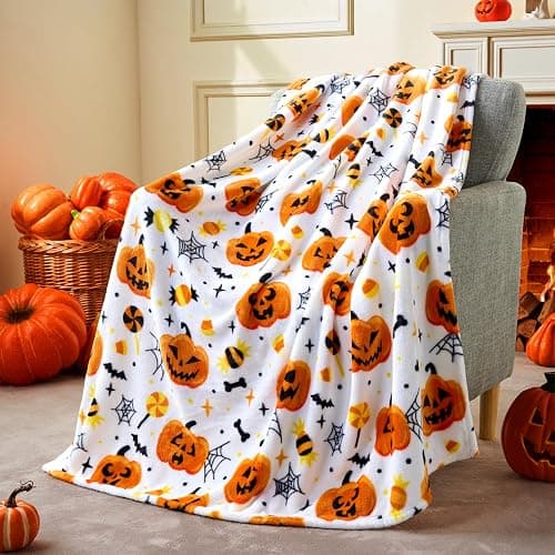 Joiedomi Halloween Throw Blanket - Soft Plush Spider Webs Bat Pumpkin Blanket - Cozy Flannel White Halloween Decoration for Party Sofa Bed Living Room 50"x60" - Image 1