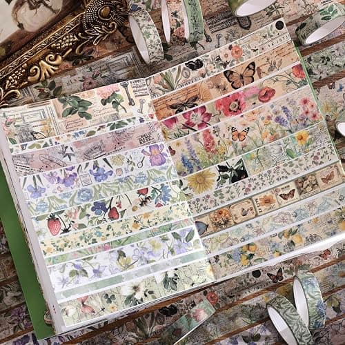 42 Rolls Vintage Washi Tape Set, Delicate Butterfly & Lush Floral Botanical Themed Writable Decorative Tapes with Retro Elements for Scrapbooking, Junk Journal Supplies, Bullet Journaling 5-25mm Wide thumbnail 7