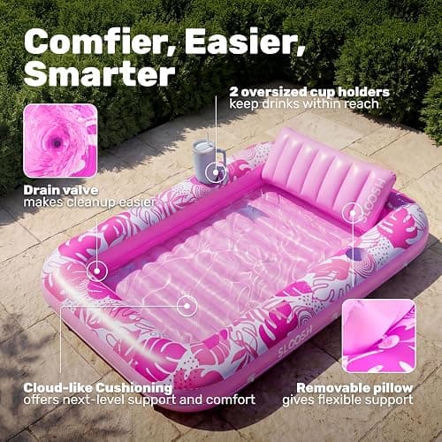 SLOOSH Inflatable Tanning Pool Lounger Float, 85" x 57" Extra Large Pool Floats Adult with Pillow, 4 in 1 Suntan Tub Raft Floatie,Sunbathing Bed Lounge Blow Up Ball Pit Party Gifts, XL-Hot Pink thumbnail 4