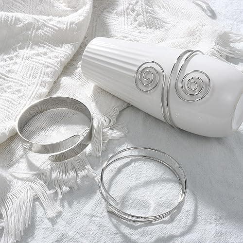 FUNRUN JEWELRY Arm Cuff Upper Arm Band for Women Gold Arm Cuff Bangle Bracelets Adjustable Coil Swirl Armlet ArmBand Jewelry,3-4Pcs - A:Silver tone thumbnail 5