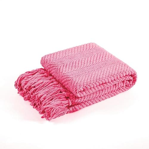 BYTIDE Throw Blanket for Couch Soft Knitted Textured Couch Cover Tweed Blanket with Fringe Tassel for Home Décor Bed Sofa Chair, 60" x 80", Hot Coral Pink thumbnail 8