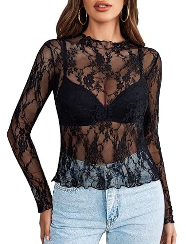 Avidlove Women's Mesh Top Long Sleeve Mock Neck Sheer Blouse See Through Floral Lace Tops - Image 1