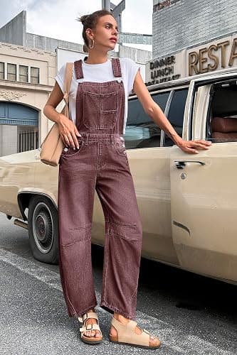 PLNOTME Womens Denim Bib Overalls Barrel Leg Adjustable Strap Jean Jumpsuit | 90s Outfits,Baggy Jumpers,Loose Overalls with Pockets thumbnail 2