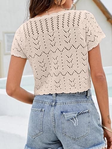 Women's Crochet Shrug Knit Sweater, Short Sleeve Tie-Front Cropped Cardigan | Lightweight Open-Knit Bolero Tops, Cute Boho V-Neck, Styled Over Evening Dresses, Spring Summer Layering, Beach Cover-Up thumbnail 2