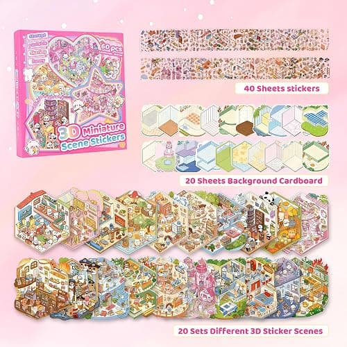 20 Sets 3D Sticker Scene Craft Kit –Adult Creative Relaxation Activity,Build Decorative Miniature House & Landscape Scenes with Reusable Stickers thumbnail 3