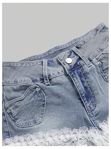 WDIRARA Women's Bow Knot Lace Trim Denim Shorts Y2k mid Waisted Jean Shorts with Pockets thumbnail 3