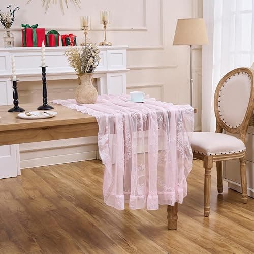 Raedan Pink Floral Embroidered Lace Square Tablecloth 55”x55” Vintage Table Cover (Pink, 55”x55”, Square) thumbnail 4