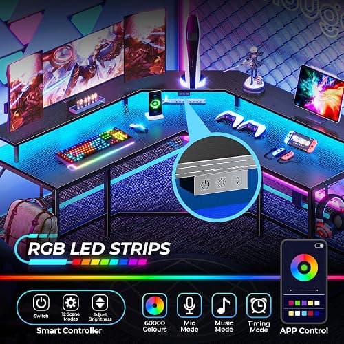 Huuger L Shaped Gaming Desk with Power Outlets & LED Lights, Computer Desk with Monitor Shelves, Home Office Desk, Corner Gaming Desk with Hooks, Black thumbnail 5
