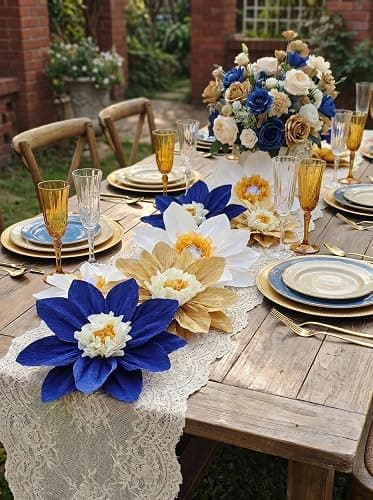 Mybbshower Crepe Paper Flower for Wall Paper Pom Pom Decor Girls Birthday Party Backdrop Baby Shower Nursery Decoration Pack of 9 (Navy Blue Gold) thumbnail 5