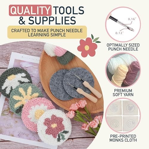 Emri Lane Punch Needle Kit – 6 Floral Design Punch Needle Embroidery Kit w/Monk Cloth, Embroidery Hoop, Yarn & More - Essential Punch Needle Supplies for Crafters - Ideal Punch Art for Beginners thumbnail 3