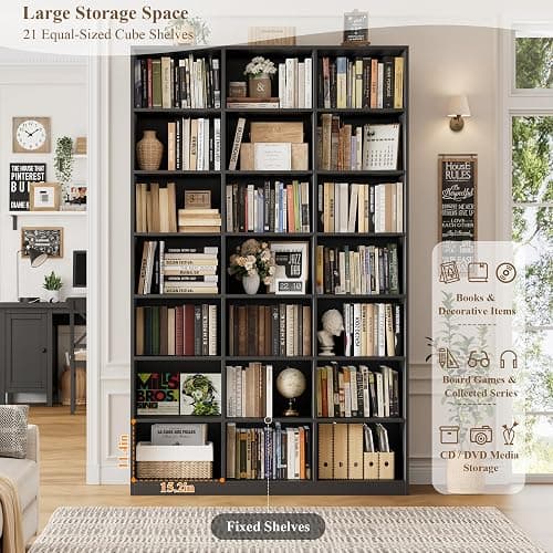 HOSTACK 86" H Triple Wide Bookshelf and Bookcase, 7 Tier Tall Bookshelf with Storage, Large Bookcase with 21 Open Display Storage Shelves, Wood Book Shelf Media CD DVD Storage for Living Room, Black thumbnail 5