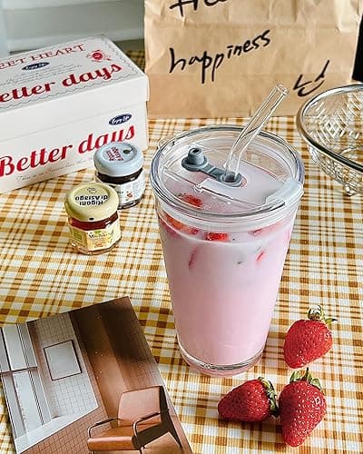 Olvini 15oz Glass Tumbler with Straw and Lid, Cute Iced Coffee Cups, Aesthetic Glass Cups, Coffee Tumbler, Water Cup, Matcha Cup, Drinking Glasses (Clear) thumbnail 7