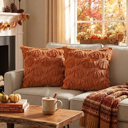 AVOIN colorlife Fall Pumpkin Heart Caramel Throw Pillow Covers, 18 x 18 Inch Autumn Thanksgiving Harvest Soft Plush Faux Fur Jacquard Cushion Case Decoration for Sofa Set of 2 thumbnail 2